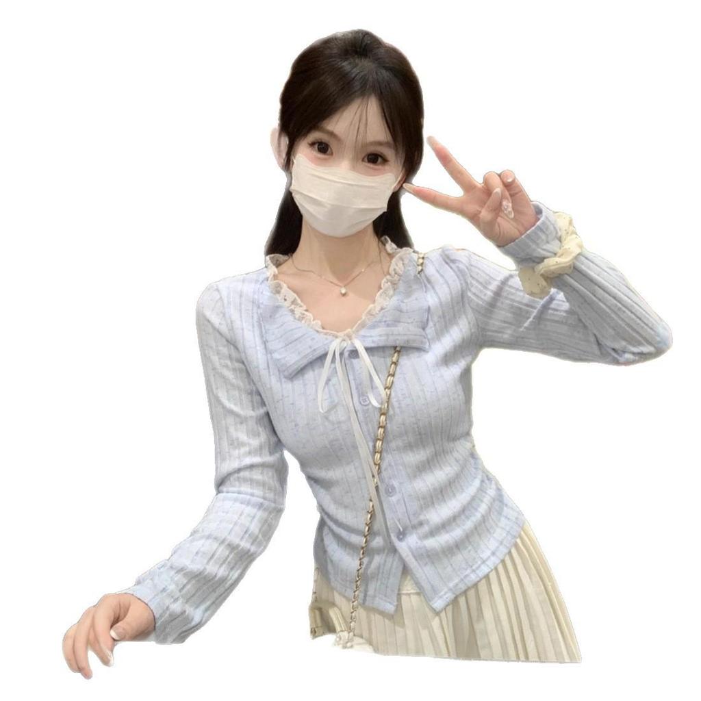Autumn Winter 2026 Korean Style Lace Bow Two-Piece Long Sleeve Women's Top