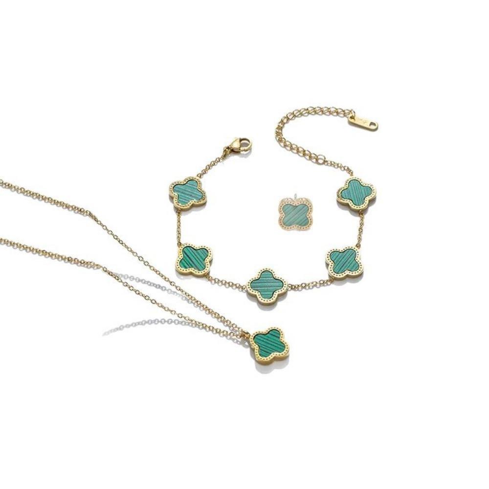 Simple Flat Double-sided Seashell Titanium Steel Four-leaf Clover Three-piece Jewelry Set Popular Online Clavicle Chain Necklace and Earrings