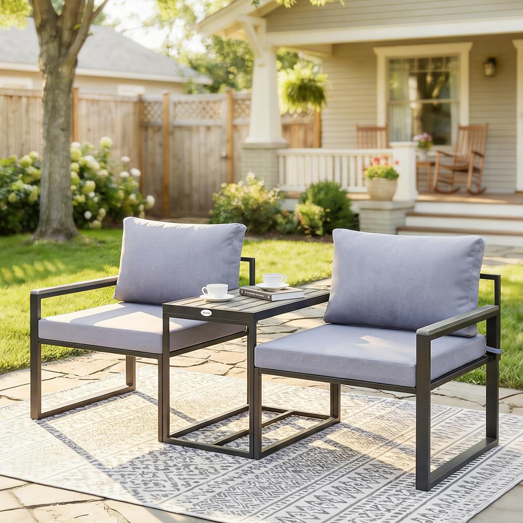 3-Piece Balcony Furniture Set 2 Armchairs with Table Removable Seat & Back Cushions Breathable Cover Grey