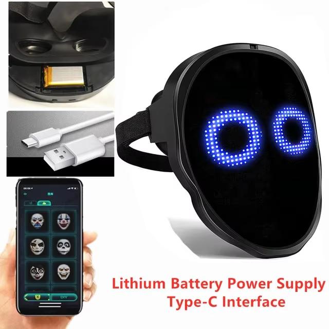 

Светодиодная маска с управлением через Bluetooth-приложение, программируемая, меняющая лицо, светящаяся светодиодная маска на Хэллоуин чёрный