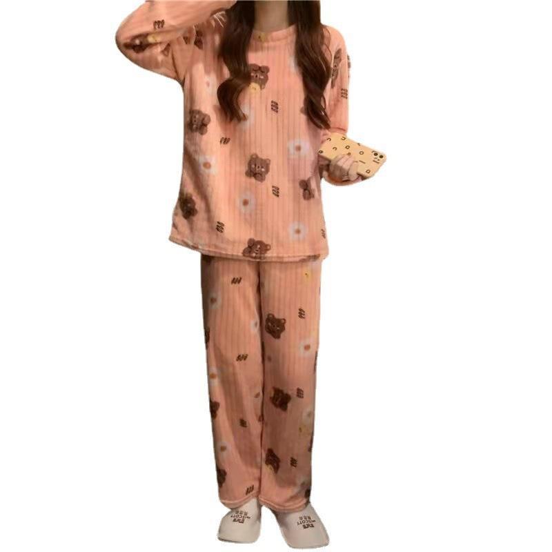 Women's Winter Coral Fleece Pajama Set - Thick, Warm, Round Neck, Mid-Length Casual Homewear