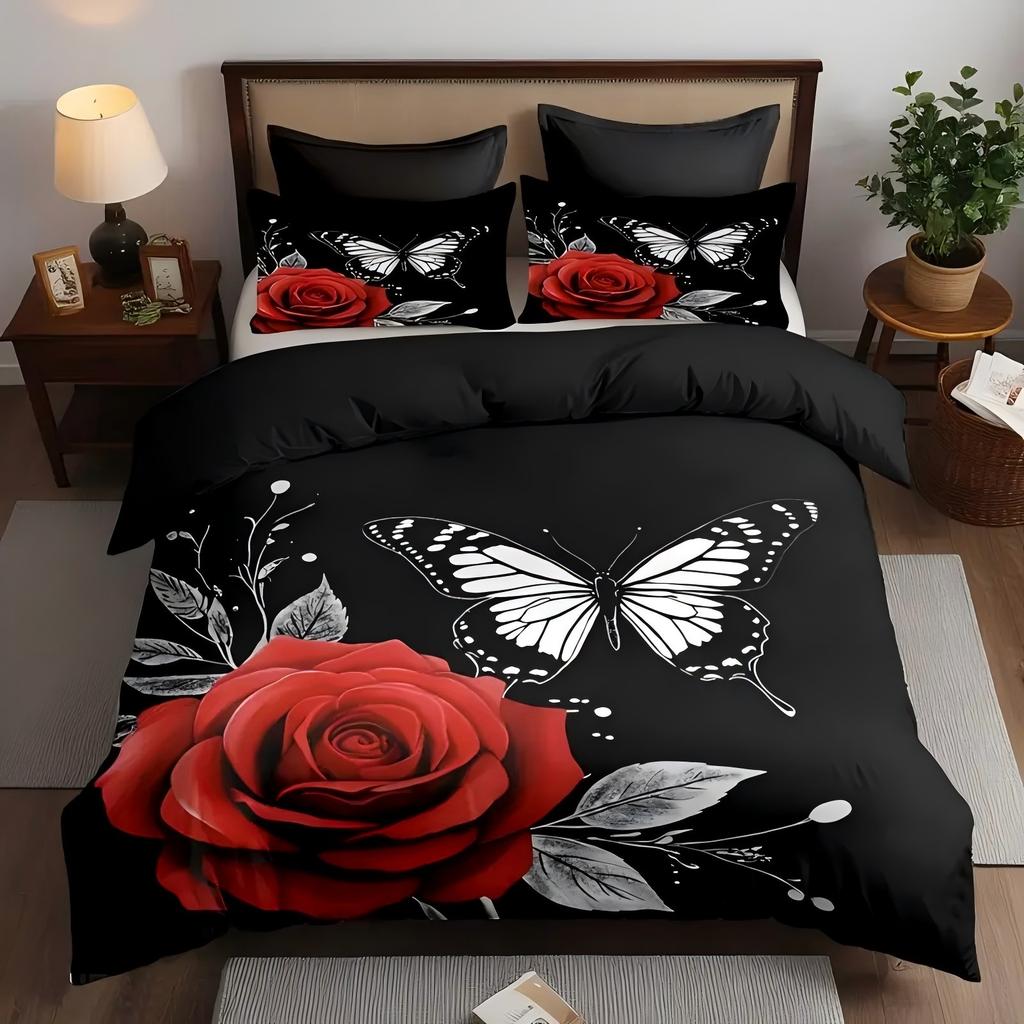 Comforter Black White Butterfly Red Rose 3D Print Elegant Romantic Modern Style Bedding Set Home Textiles S