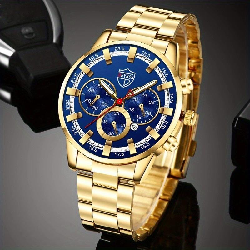 3pcs/set Fashion Men's Casual Round Pointer Stainless Steel Quartz Wrist Watch & Bracelet & Necklace, Ideal Choice for Gifts