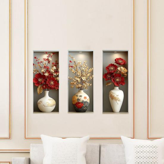 3 Sheets 3D Flower Vase Wall Stickers Faux Floral Wall Decals Peel And Stick Wall Art Mural for Living Room Bedroom Office Home Decor
