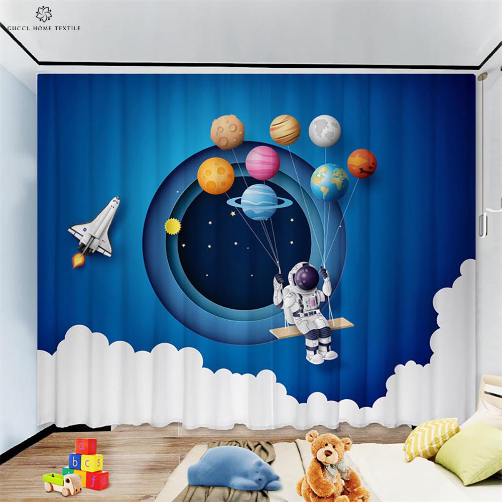 Animation Cartoon Astronaut Curtains for Children's Room, Window Decoration, Living Room, Study, Kitchen, Space, 2Pcs