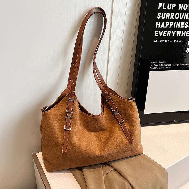 Quality Solid Faux Suede Shoulder Bag Buckle Decorative Large Capacity Hasp Casual Tote Hot Sale Bags for Women