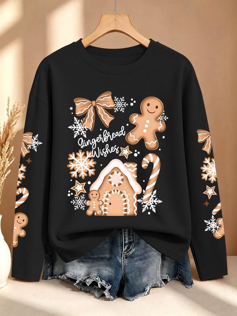 Women's Autumn and Winter Outfit Gingerbread House Candy Cane Bow Multiple Sleeve Printed Long Sleeve T-Shirt