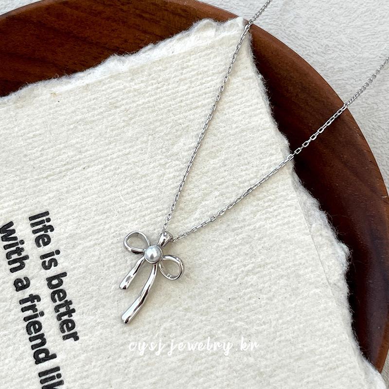 Cui Yan S925 Sterling Silver Korean Bow Pearl Necklace - 2025 Trendy Sweet Clavicle Chain for Women