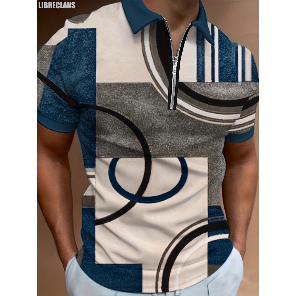 Men's gold checkered 3D printed retro polo ball, zippered polo ball, fashionable short sleeved top