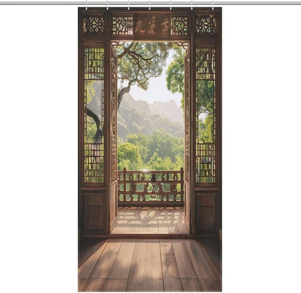 Chinese retro shower curtain, Japanese landscape shower curtain, waterproof polyester fiber shower curtain, customizable