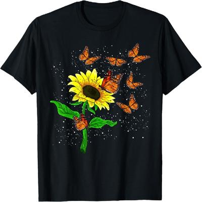 Nature Yellow Flower Blossom Butterfly Floral Sunflower T-Shirt