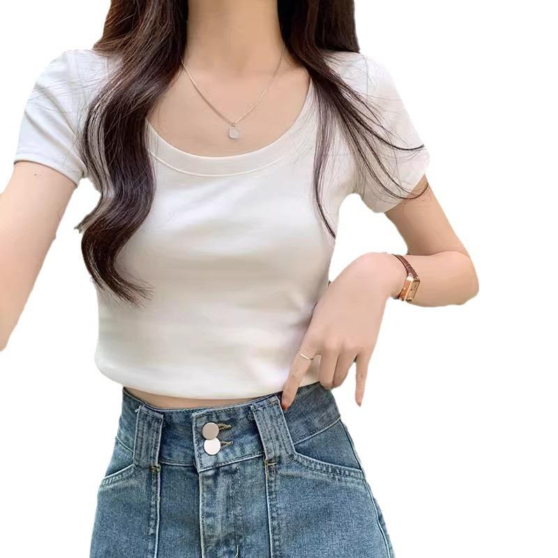 American Shoulder Short Sleeve U-neck Short T-shirt Women's Summer Slim Slim Slim Hot Girl Crop Top High-waisted Student Top