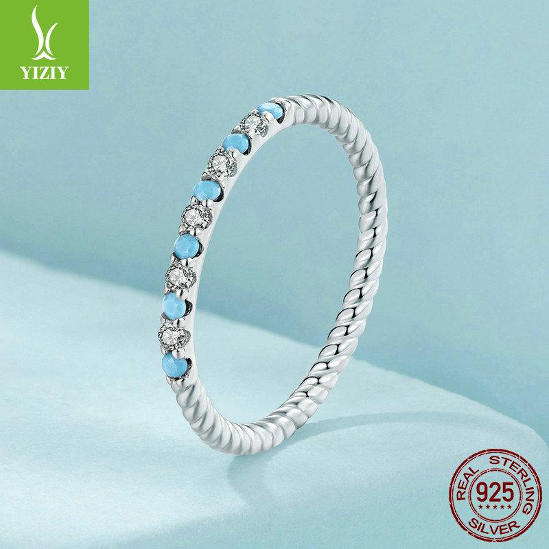 Simple Synthetic Turquoise Ring For Women, Exquisite Sparkling S925 Sterling Silver Twist Ring Jewelry