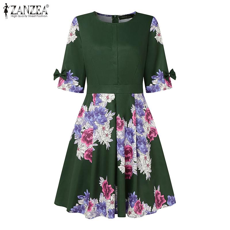 ZANZEA Women Floral Print Casual Round Neck Short Sleeve Dress