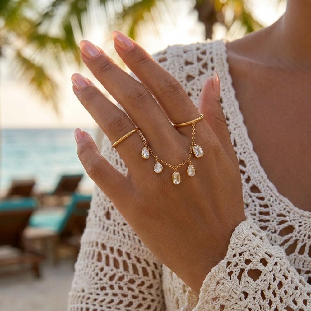 Gold Color Cubic Zirconia Rings Drop-shaped Gothic Style Rings Tassel Pendant Rings  Jewelry