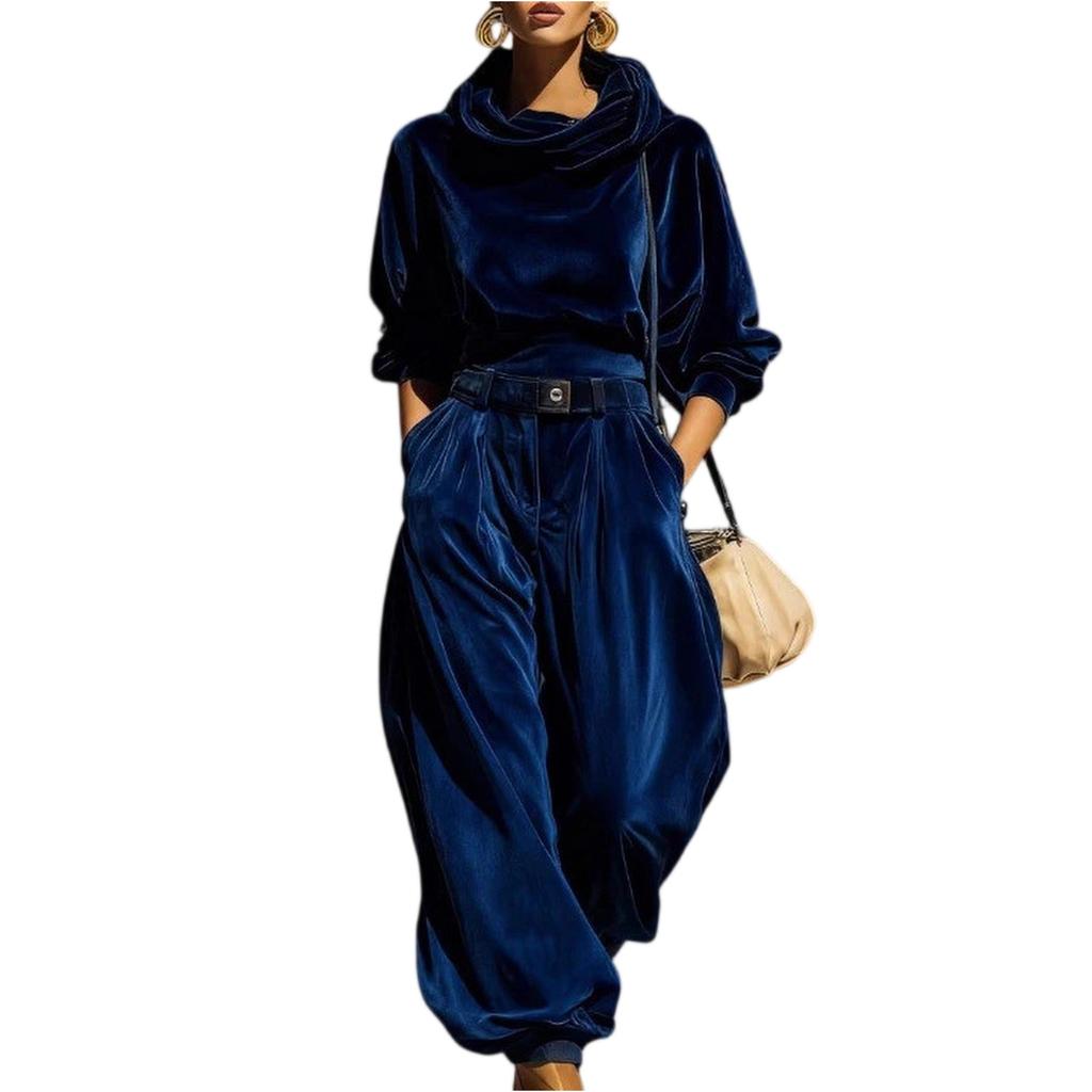 Women's Fashion Color Long Sleeve Casual Tapered Pants Two,Piece Set