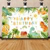 Cute Watercolor Dino Birthday Backdrop, Kids Birthday Photography Background Cloth with Jungle Plants & Volcano