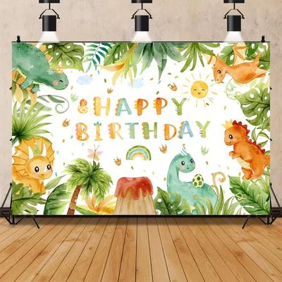 Cute Watercolor Dino Birthday Backdrop, Kids Birthday Photography Background Cloth with Jungle Plants & Volcano