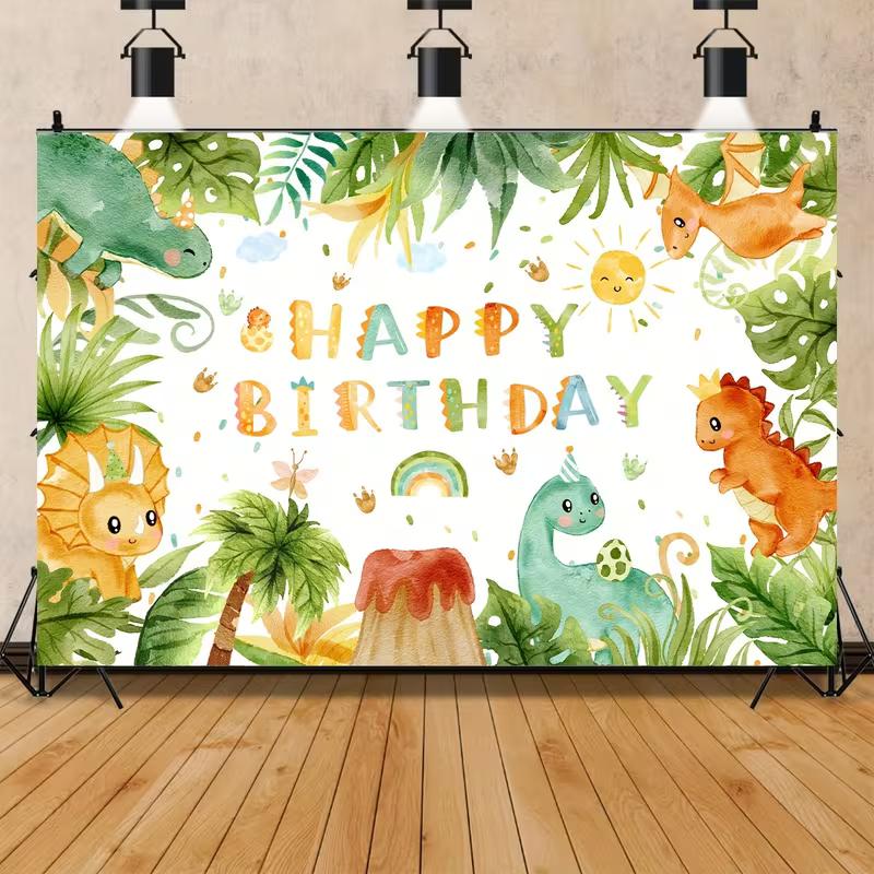 Cute Watercolor Dino Birthday Backdrop, Kids Birthday Photography Background Cloth with Jungle Plants & Volcano
