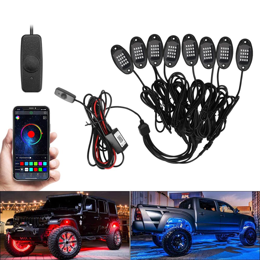 

Светодиодные фонари RGB Rock Lights 4/6/8 в 1 для автомобильного шасси, музыкальная синхронизация для внедорожников, грузовиков, лодок, управление через Bluetooth-приложение Undergolw