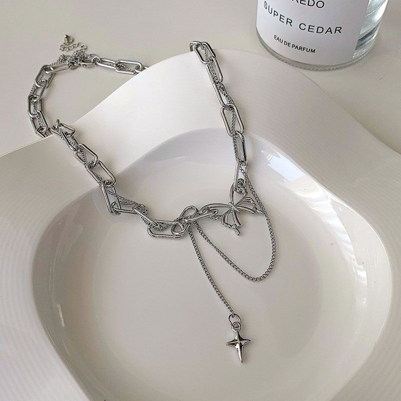 Korean version tide stacked butterfly necklace female niche design sense versatile personality Internet celebrity hip hop collarbone chain neck chain