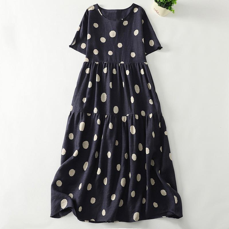 2025 Spring and Summer New Printed Polka Dot Cotton and Linen Dress Women's Loose and Thin Round Neck Short-sleeved Casual Long Dress