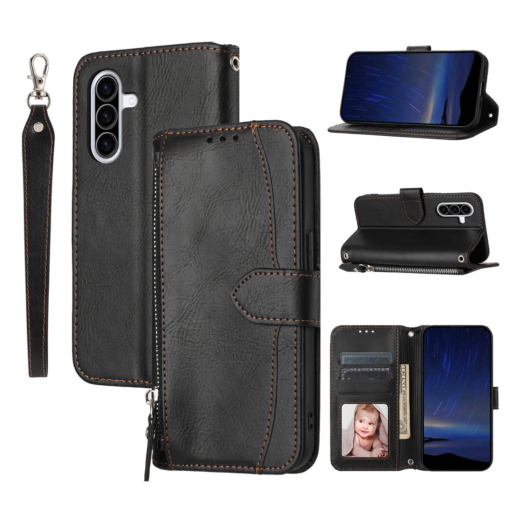 For Samsung Galaxy A17 5G/A17 4G/A26 5G Case Zipper Pocket Wallet Leather Phone Cover with Wrist Strap