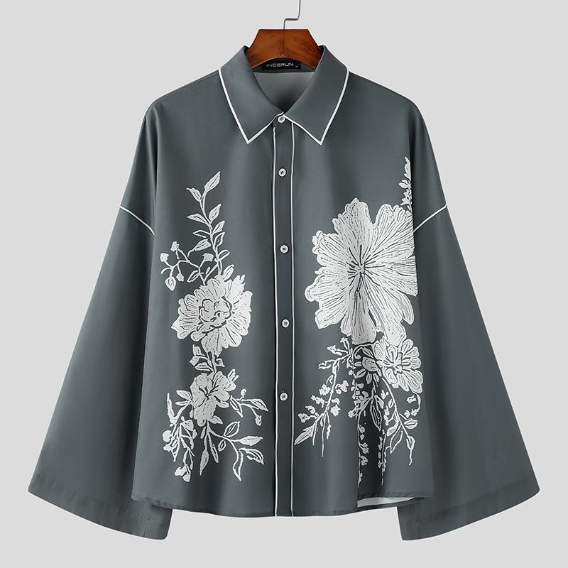INCERUN Nadměrné Pánské Košile s Límcem s Klopami, Dlouhým Rozšířeným Rukávem, Zapínáním na Knoflíky, Květinovým Vzorem, Ležérního Volného Střihu