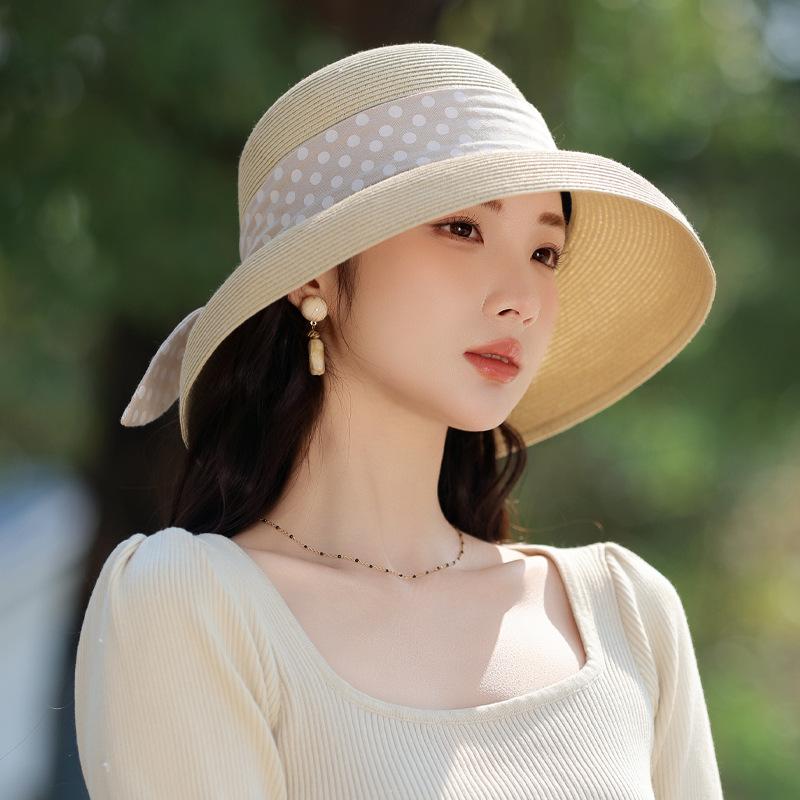 Summer new hat women's polka dot streamer sun hat Lafite straw hat travel sunscreen visor