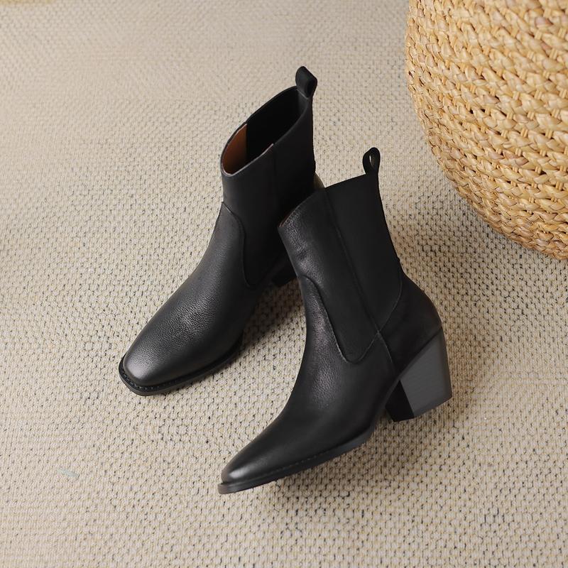 Vintage Women Ankle Boots Autumn Winter New Genuine Leather Elastic Band High-heel Shoes Woman Casual Retro Motorcycle Boots