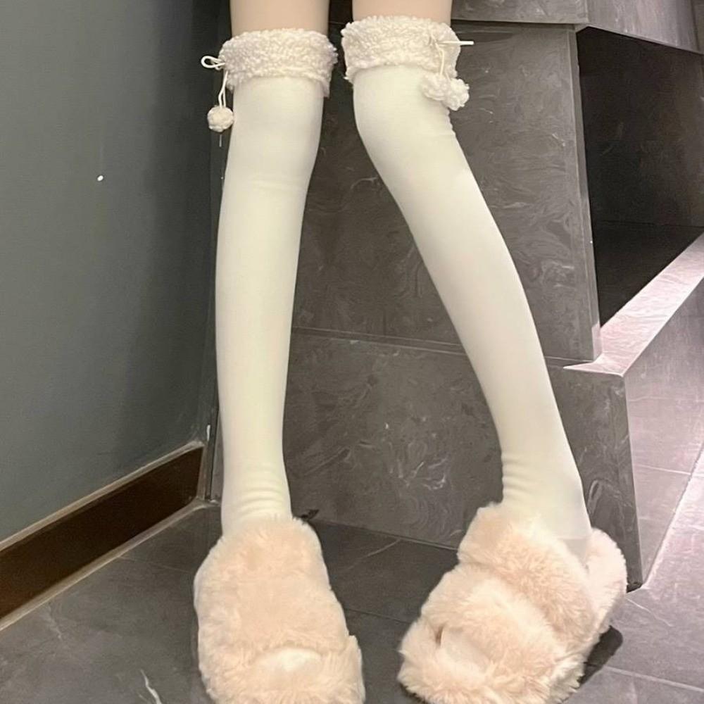 1 Pair Vertical Stripe Knee High Socks Lamb Fur Over Knee Socks Cute Plush Stockings  Autumn Winter