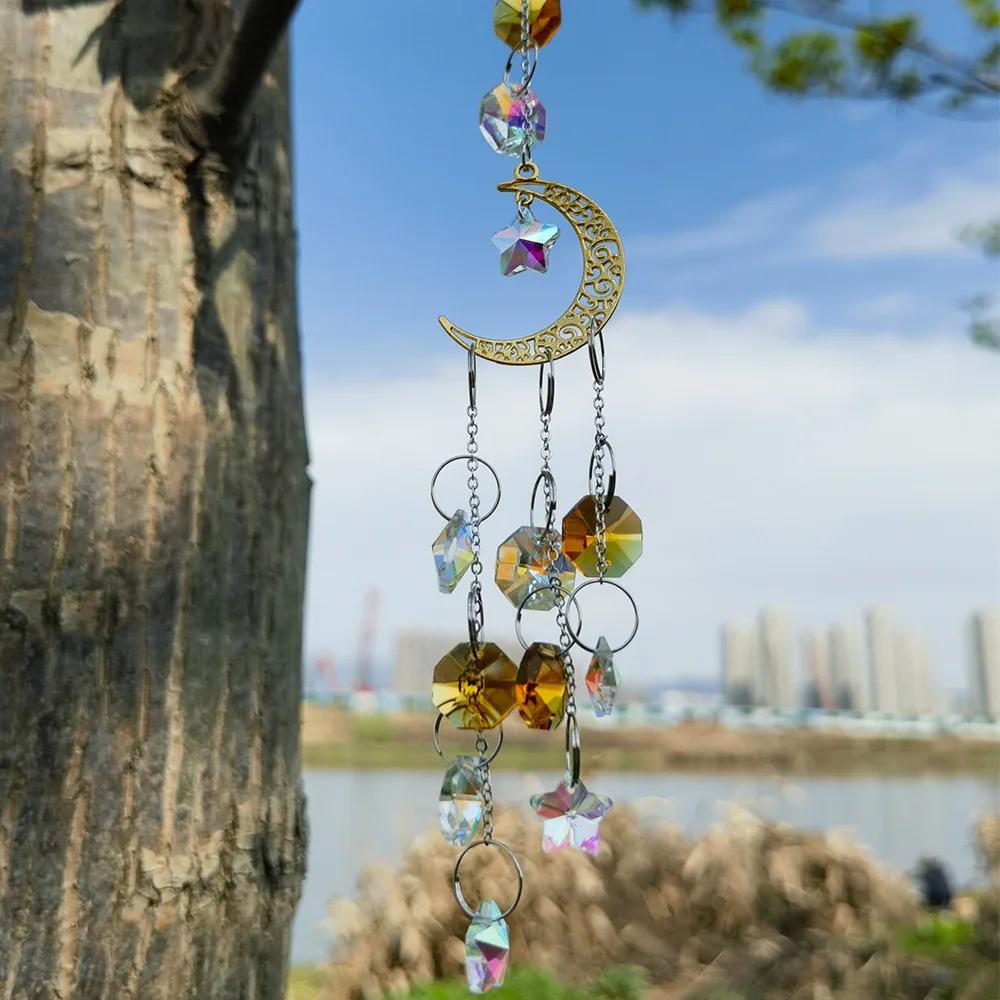 Silver gold moon pentagram window decoration crystal pendant sun catcher Home Wind Chime Pendant Outdoor Garden Plant Decoration