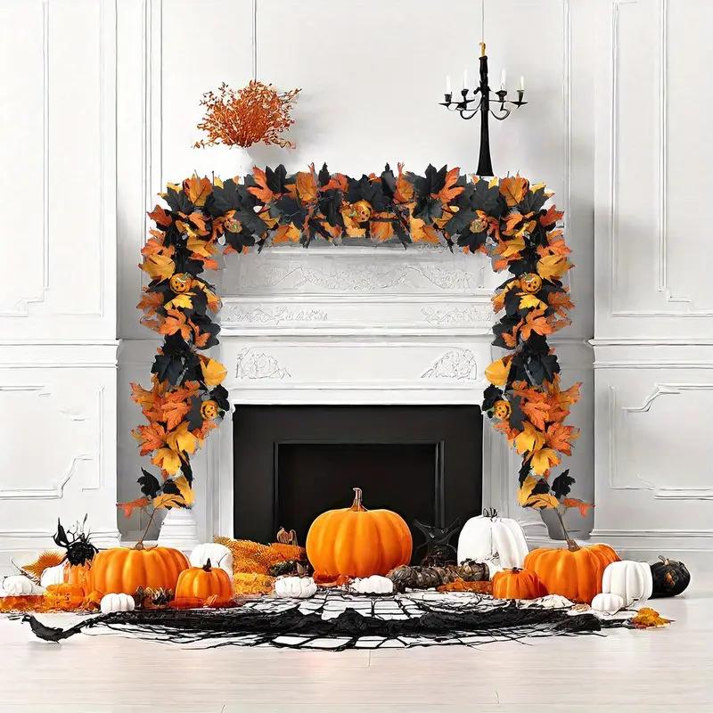 Halloween Wreath with Gothic Maple Leaves & Pumpkin Vines with Spider Accent for Spooky Fall & Fireplace Decor Halloween Garland