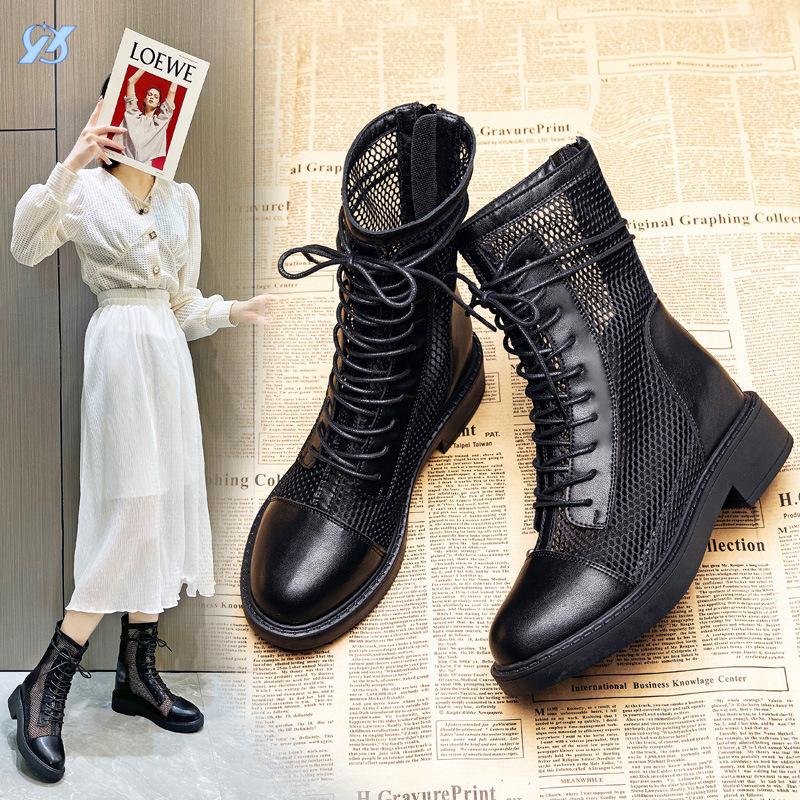 Inner heightening thin Martin boots women's small summer single boots British style hollow cool boots mesh short boots