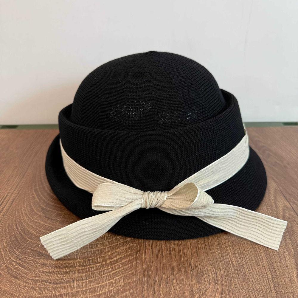 Bowknot Hepburn Style Formal Hat Knitted Fisherman Hat Fashion Bow Topper Hat Streetwear