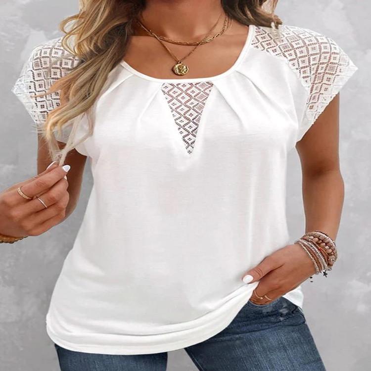 

2025 Summer V-neck Lace Patchwork Short Sleeve T-shirt Extra Large