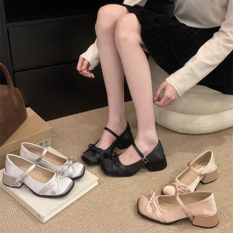 Satin bow square head Mary Jane heels spring and summer versatile skirt one-word buckle-down single shoes