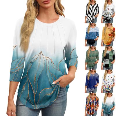 Damen Modisches Rundhals-T-Shirt mit 3/4-Ärmeln, bedruckt, lässig, Basic, Plissee-Pullover