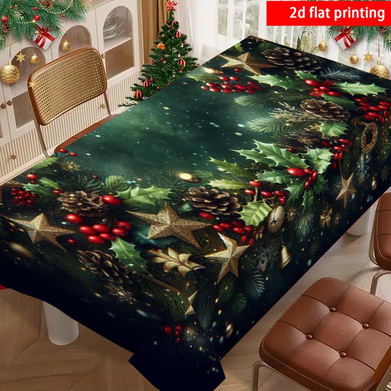 2D Flat Printing, 1pc, Dark Green Christmas Holly Printed Tablecloth, Pine Cone Red Berry Golden Pentagram Bell Pattern, Durable Polyester Material, S