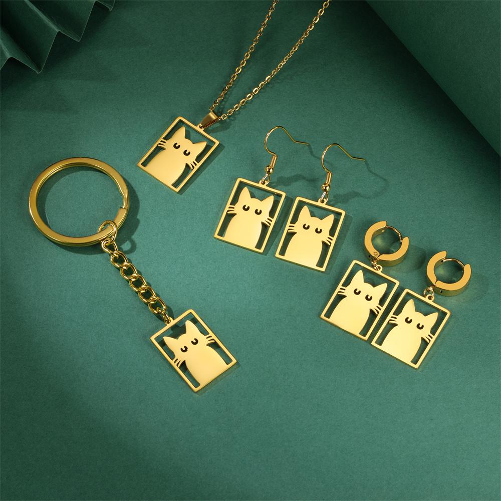 My Shape Cute Cat Earrings for Women Girls Stainless Steel Rectangle Shaped Cat Kitten Earrings Animal Fashion Jewelry Gifts