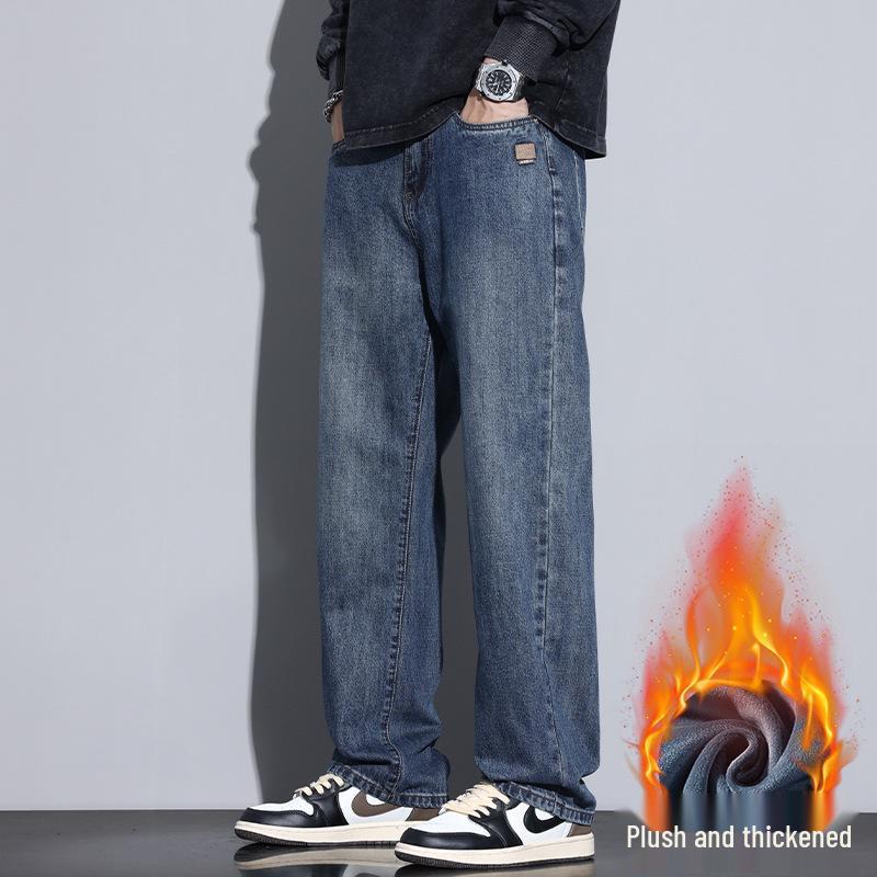 2025 Autumn Men's Blue Straight-Leg Loose Jeans, Fleece-Lined, Plus Size, American Retro Style, Thickened for Warmth.