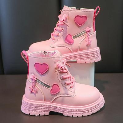 Stivaletti alla caviglia da ragazza PU britannici autunnali e invernali casual in cotone rosa confetto con zip laterale a cuore moda principessa per bambini