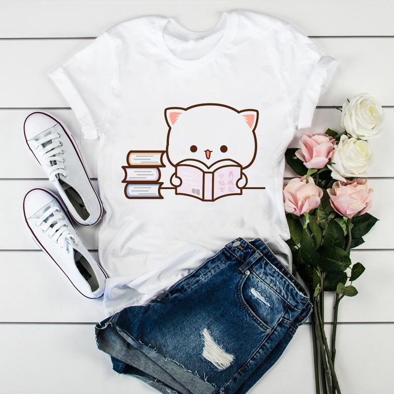 Newly women tshirt cartoon funny cute peach cat print t shirt femme Harajuku kawaii summer tops tee shirt femme tumblr clothes