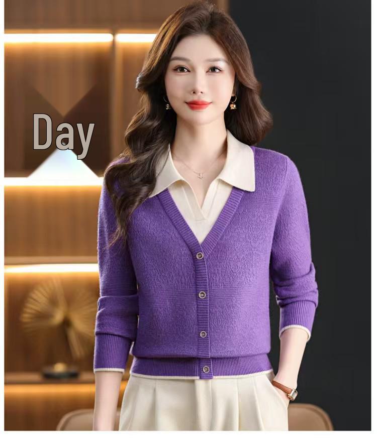 Women's Color Block Knit Sweater with Lapel and Faux Two-Piece Design
