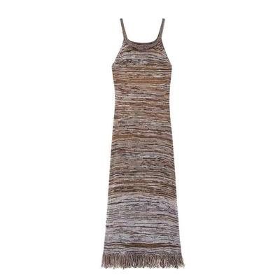 French Style Vintage Knitted Dress Women Autumn Striped Slim Body Vest Long Straight Vestidos