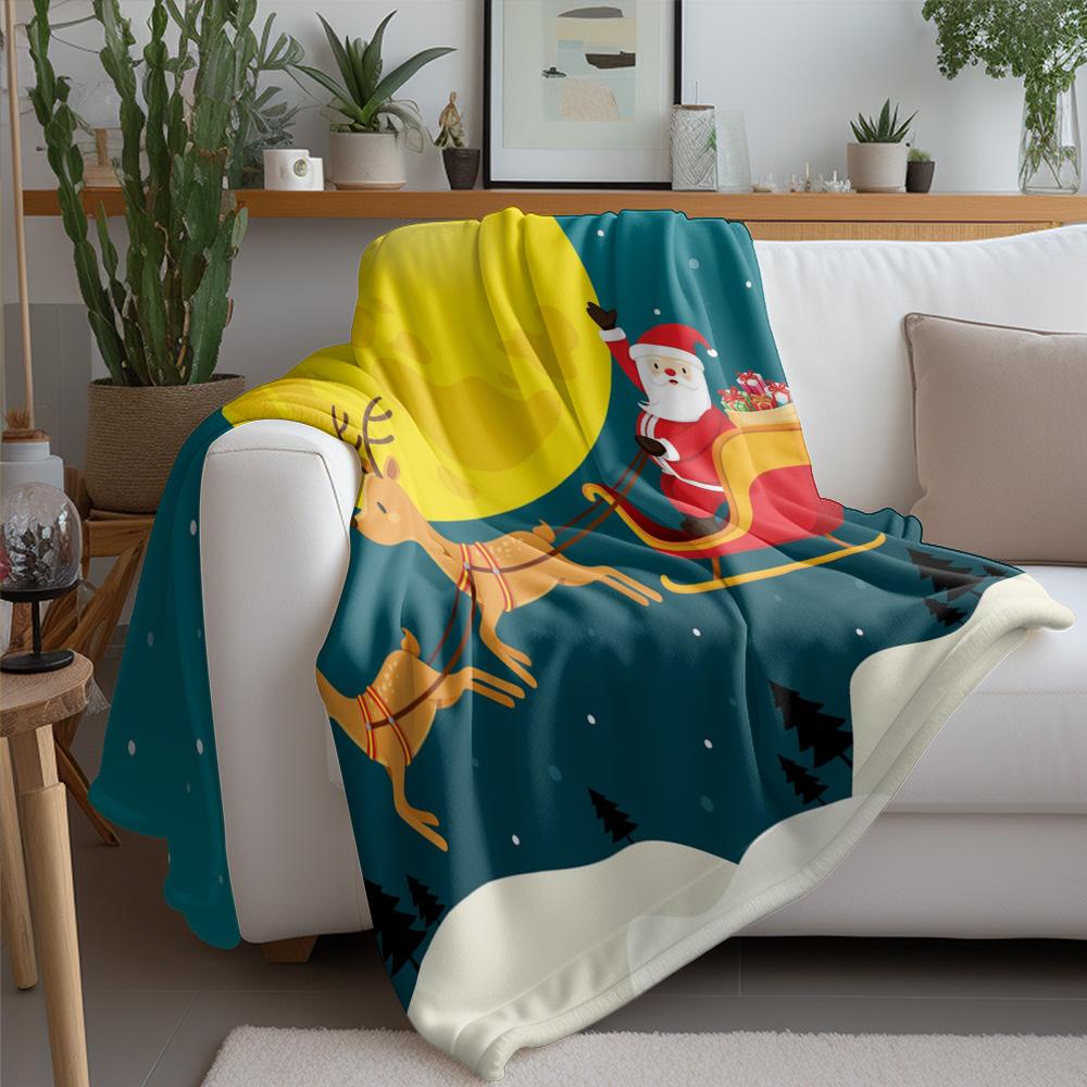 TU Cozy Christmas Throw Blanket Festive Reindeer Santa Claus Holiday Flannel Bedspread Gift Decor Warm Soft Home Decorating