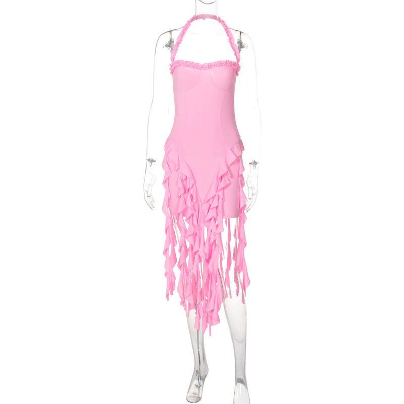 

European and American Hot-Selling 2025 New Women s Fashion Sexy Halter Neck Sleeveless Backless Bodycon Irregular Dress for Export Pink M