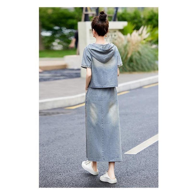 Fashion Embroidery Denim Skirt Set Women Summer Hooded Two Piece Outfit Chinese Style Vintage Youthful