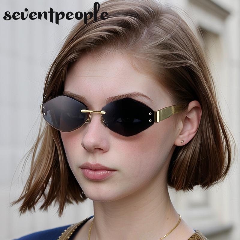 Rimless Small Polygon Sunglasses Women  Luxury Brand Trendy Frameless Hexagon Sunglass For Ladies Fashion Metal Frame Shades