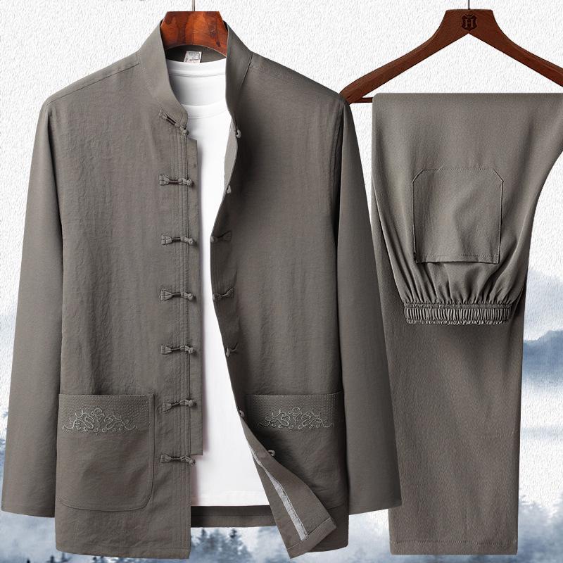 Men's Long-Sleeve Traditional Chinese Tang Suit for Spring/Summer - Ideal for Middle-aged and Elderly Dads and Grandpas, Perfect for Tai Chi.